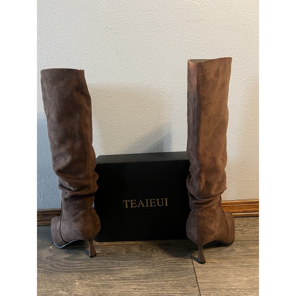 TEAIEUI Knee High Boots Slouch Suede Heels Y2K Boho Western Festival 8.5 - Picture 3 of 7